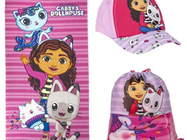 Gabby's Dollhouse Pink πετσέτα, τσάντα γυμναστικής, σετ καπέλων μπέιζμπολ