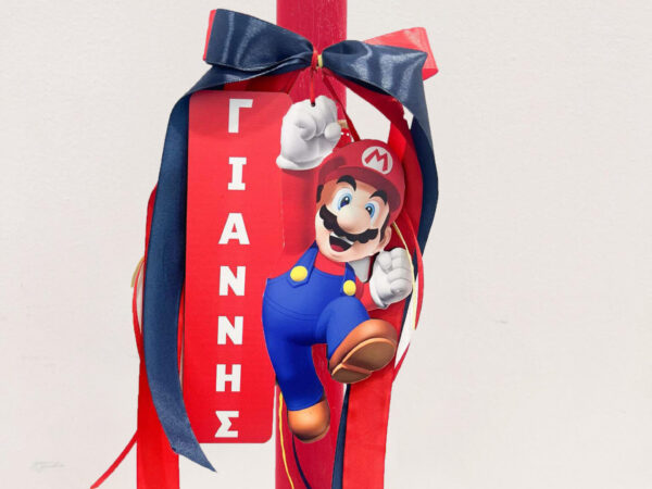 Πασχαλινή Αρωματική Λαμπάδα Super Mario με Κρεμαστό Ξύλινο Ταμπελάκι