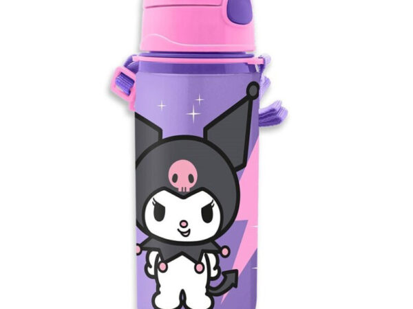 Παγούρι Kuromi από αλουμίνιο με καλαμάκι και καραμπίνερ 600 ml