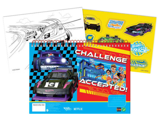 Μπλοκ σχεδίασης σπιράλ Hot Wheels Challenge A/4 με 40 φύλλα και αυτοκόλλητα