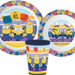 Σετ φαγητού Minions με ριγέ σχέδιο, σετ από μικροπλαστικό, με κύπελλο 260 ml