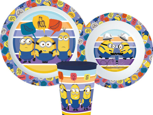 Σετ φαγητού Minions με ριγέ σχέδιο, σετ από μικροπλαστικό, με κύπελλο 260 ml