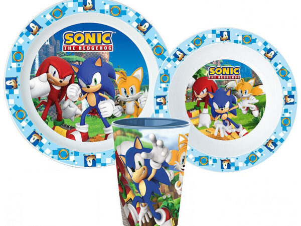 Σετ σερβίτσιων Sonic the Hedgehog Adventure, πλαστικό σετ κατάλληλο για φούρνο μικροκυμάτων, ποτήρι 260 ml