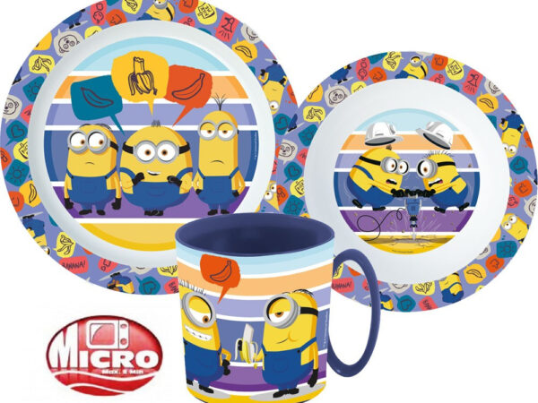 Σετ σερβίτσιων Minions με ριγέ σχέδιο, σετ από μικροπλαστικό με κούπα 350 ml